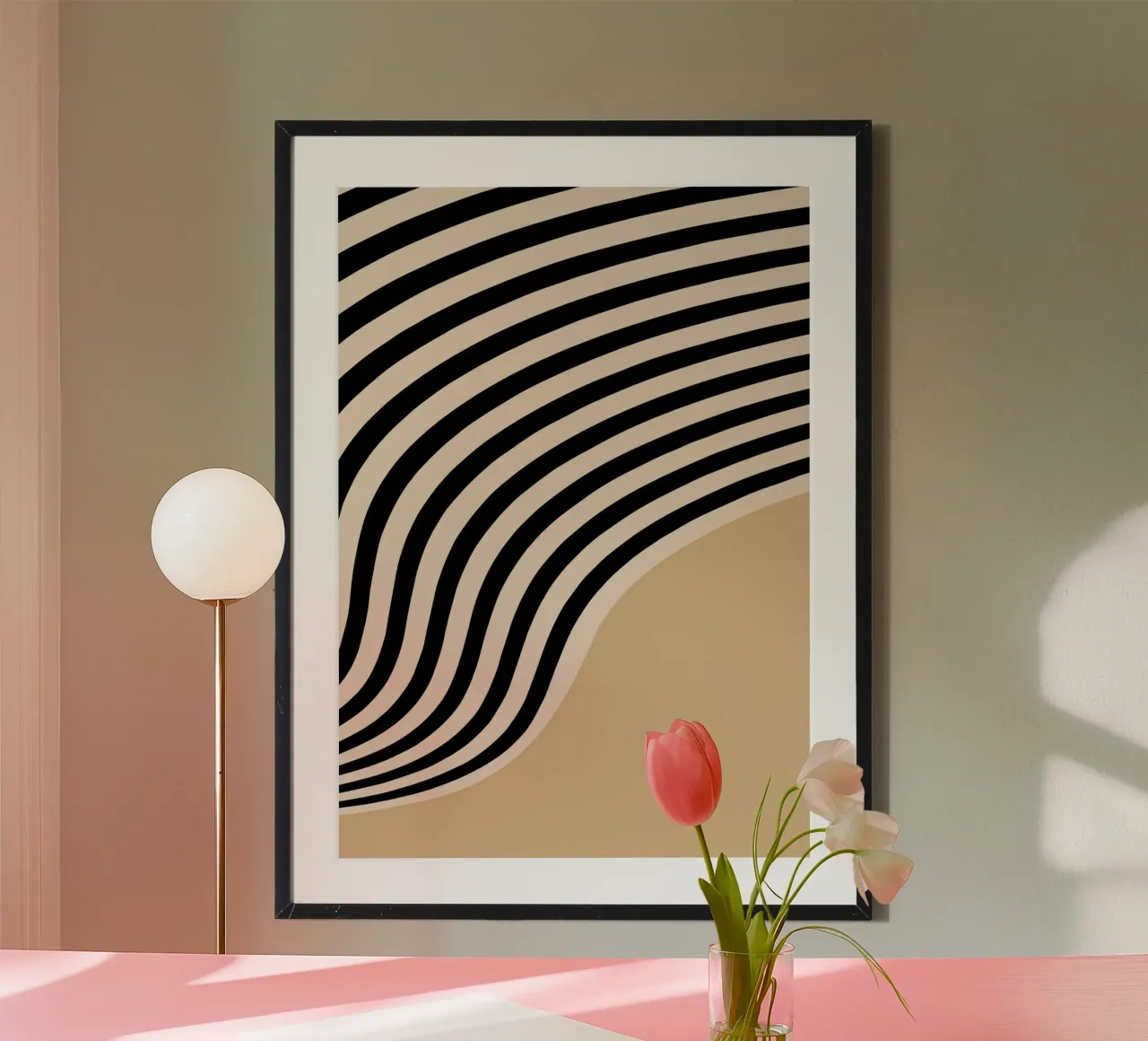 Bauhaus Astratto Linee Ondulate Bianco Nero Stampa poster con telaio in legno da NorwesClub
