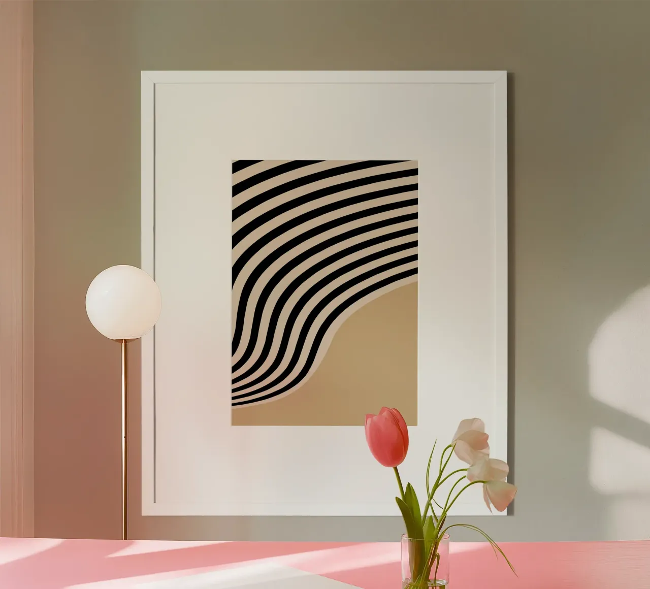 Bauhaus Astratto Linee Ondulate Bianco Nero Stampa poster con telaio in legno da NorwesClub