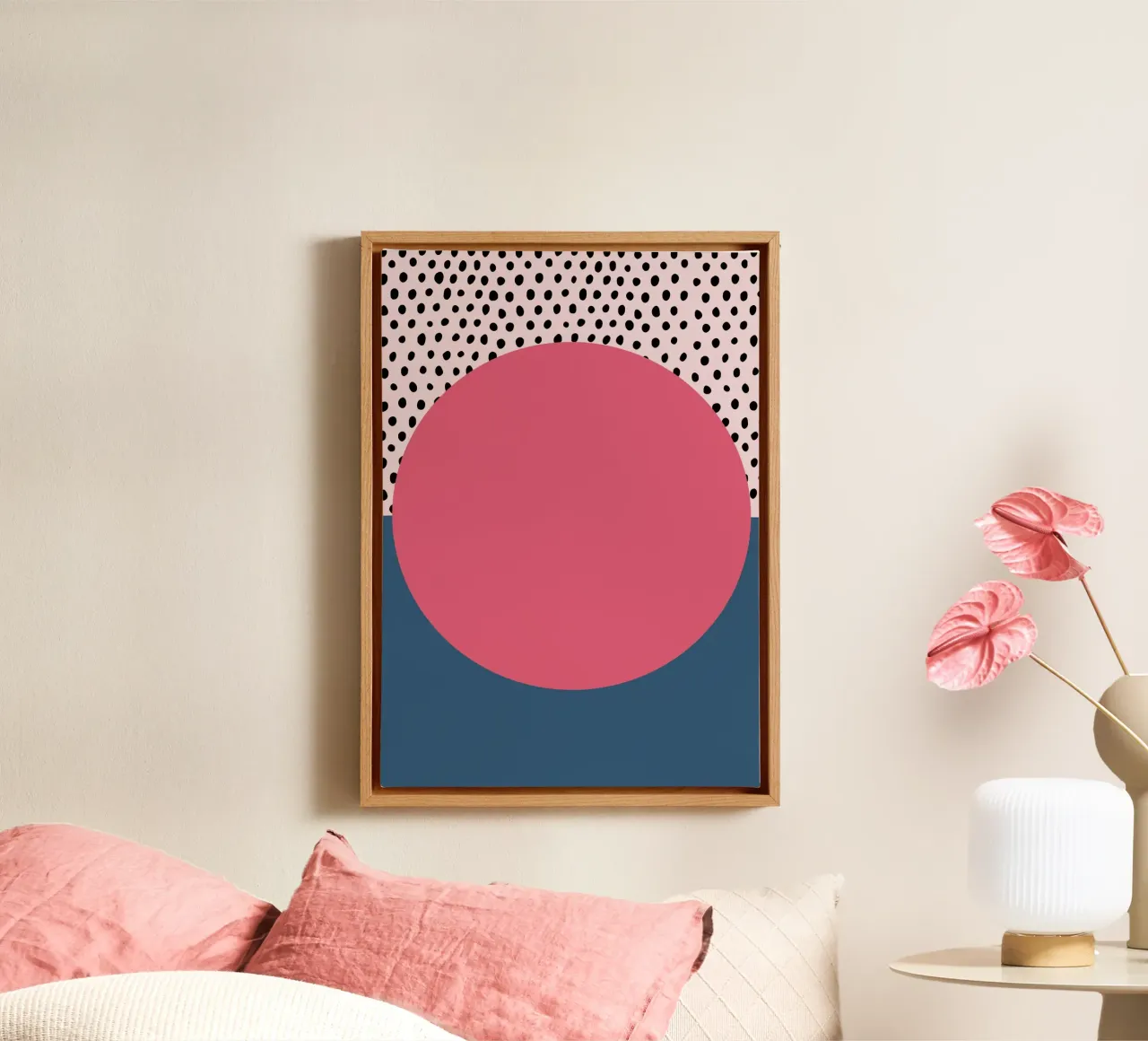 Geometrischer abstrakter rosa ovaler Polka Dot Druck Leinwand mit Schattenfugenrahmen von NorwesClub