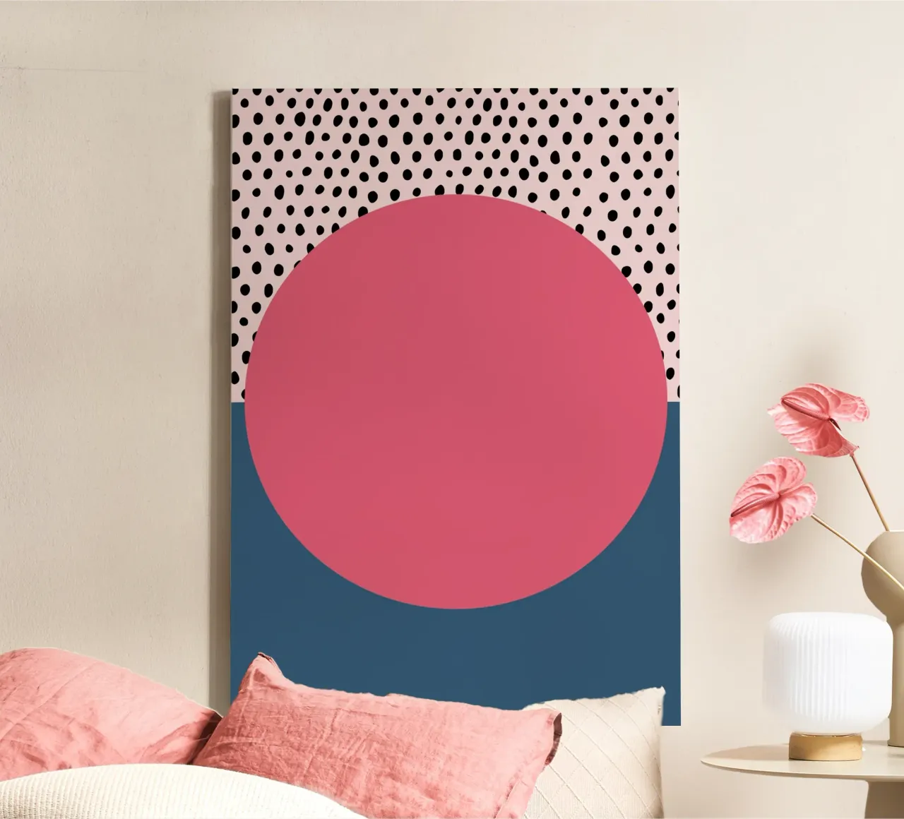 Geometrischer abstrakter rosa ovaler Polka Dot Druck Leinwand mit Schattenfugenrahmen von NorwesClub