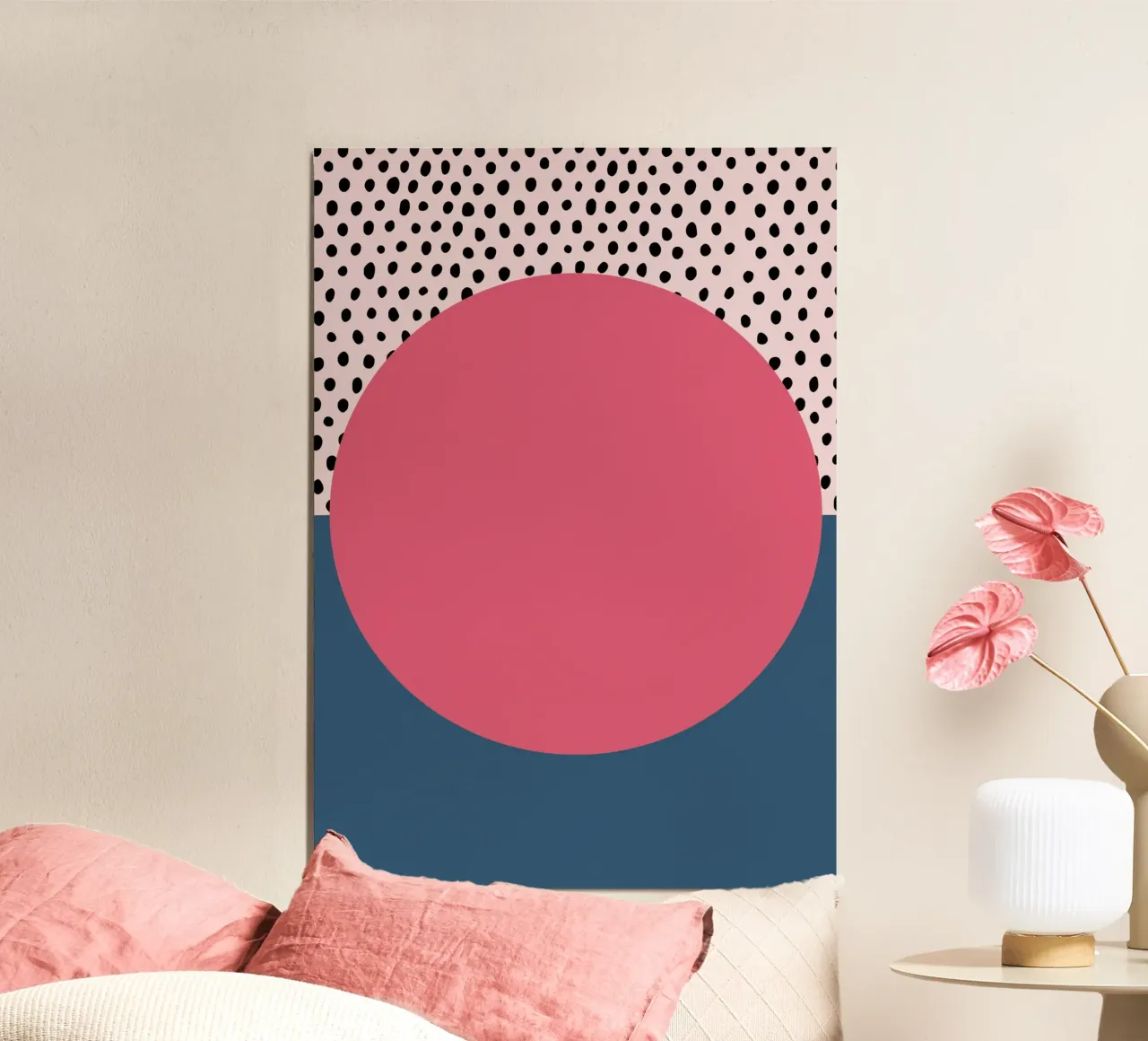Geometrische abstracte roze ovale polkadot print poster met kunststof frame van NorwesClub