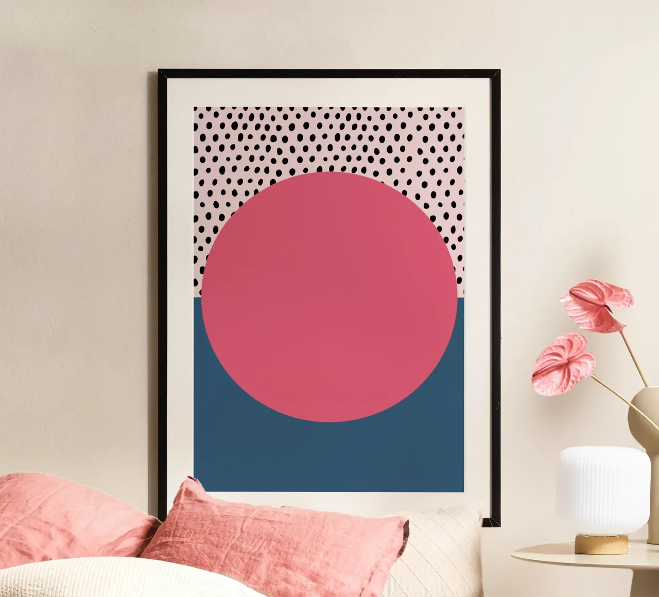 Geometrische abstracte roze ovale polkadot print poster met kunststof frame van NorwesClub