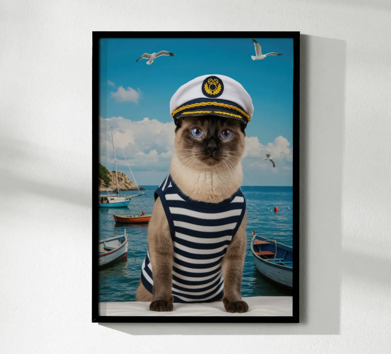 Gatto siamese della Marina poster con telaio in legno da Pawtrait Studio