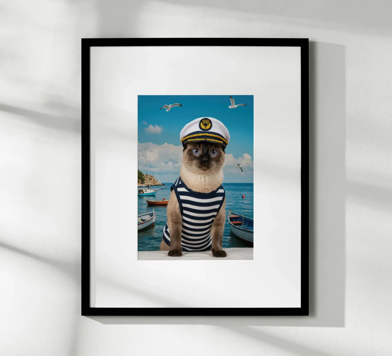 Gatto siamese della Marina poster con telaio in legno da Pawtrait Studio