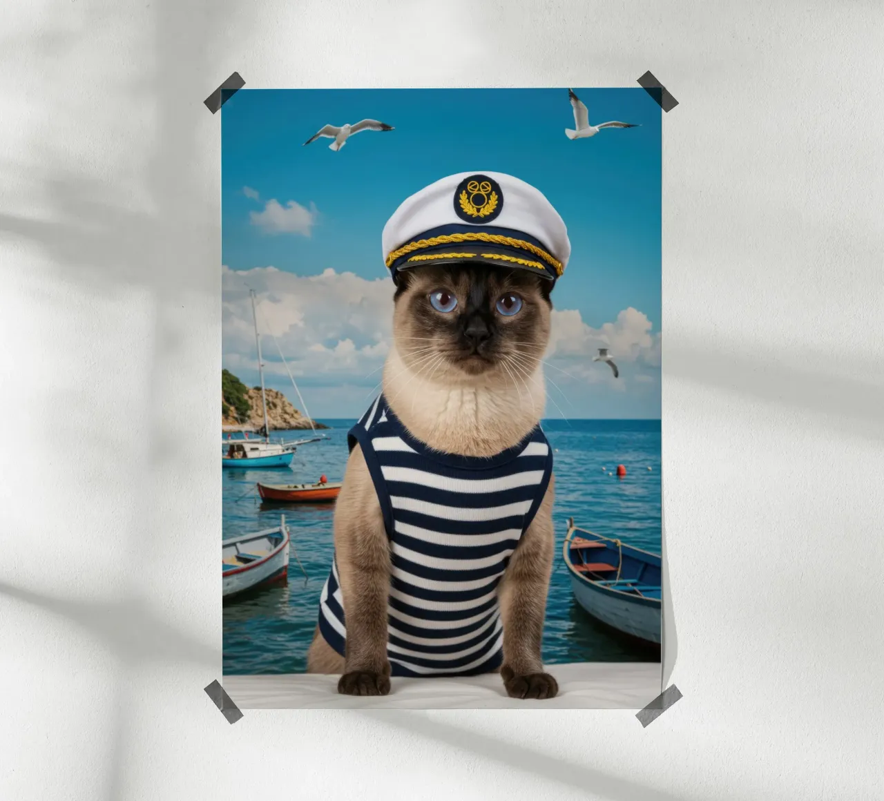 Gatto siamese della Marina poster con telaio in legno da Pawtrait Studio