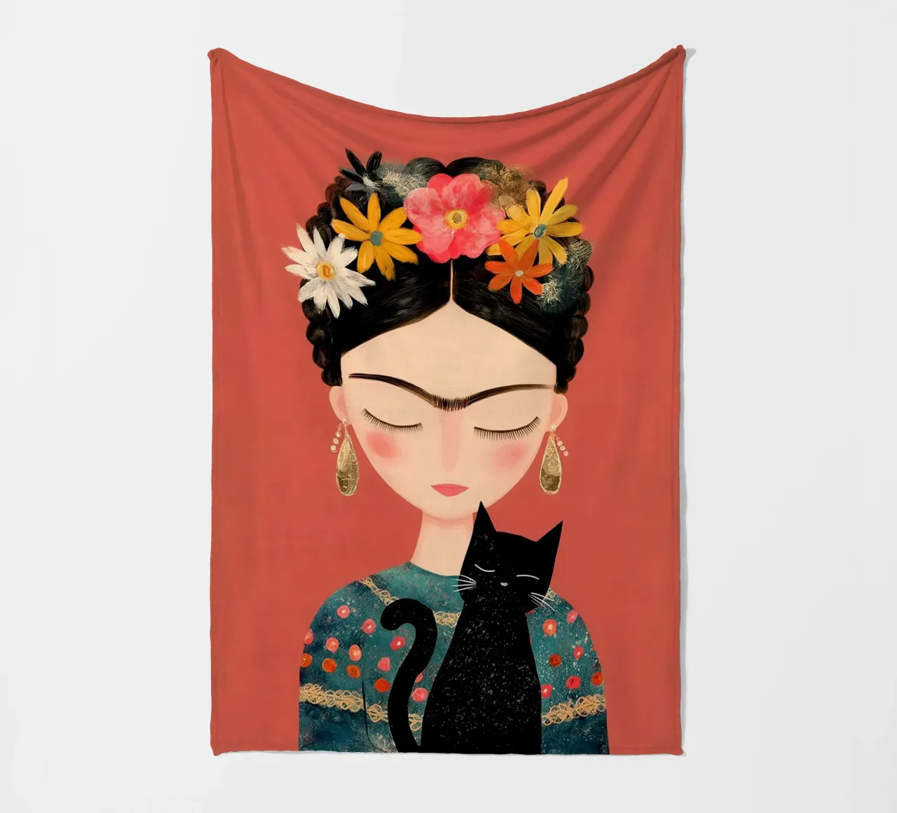 Little Frida with cat fleece blanket by Carinaprint