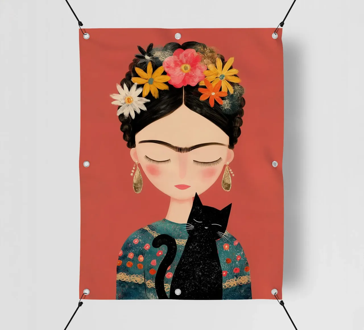La piccola Frida con il gatto telo in pvc da Carinaprint