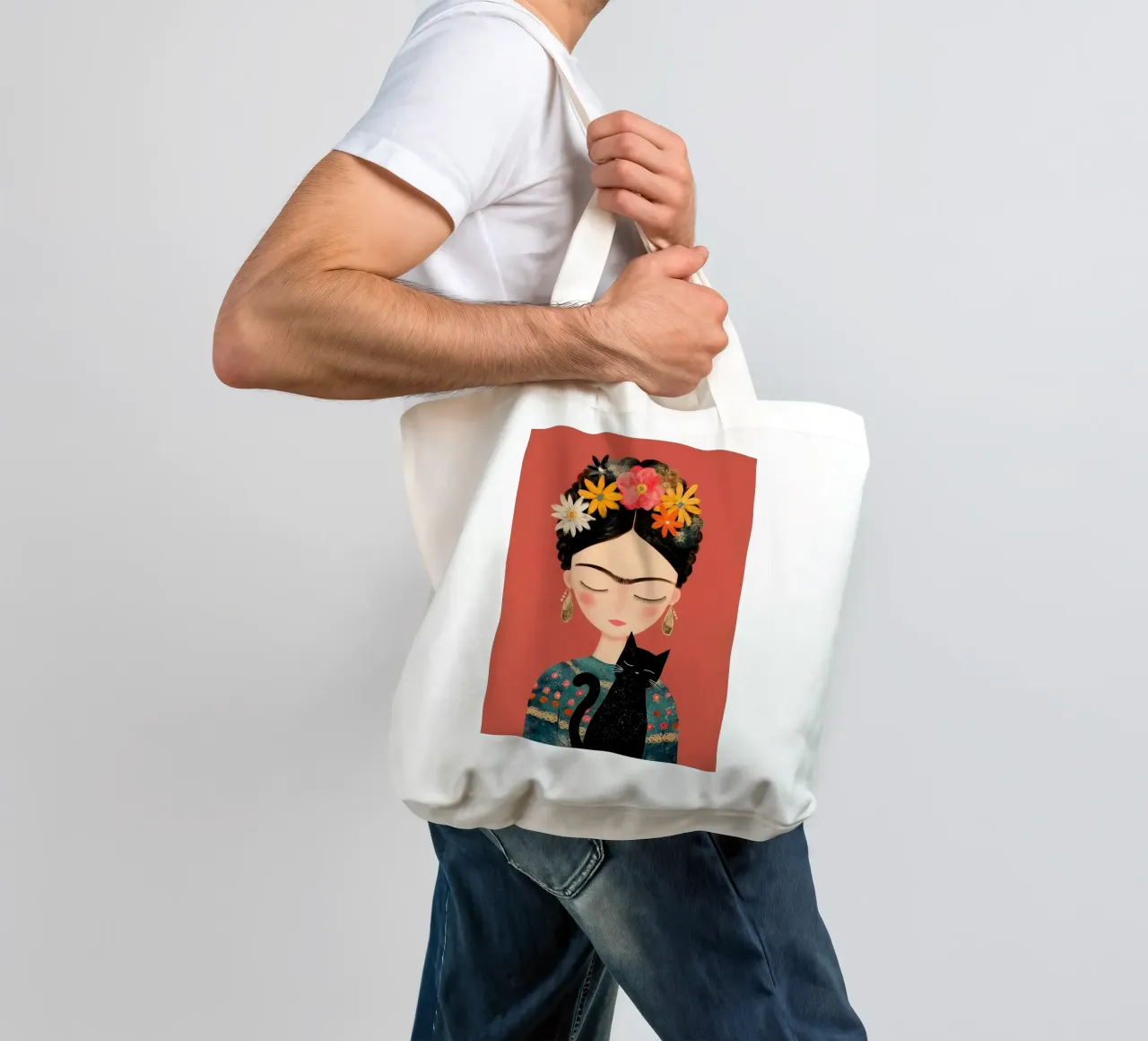 La piccola Frida con il gatto borsa in juta da Carinaprint