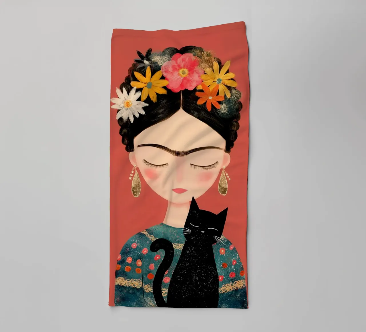 Little Frida with cat towel by Carinaprint