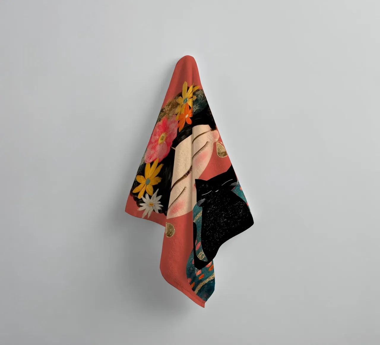 Little Frida with cat towel by Carinaprint