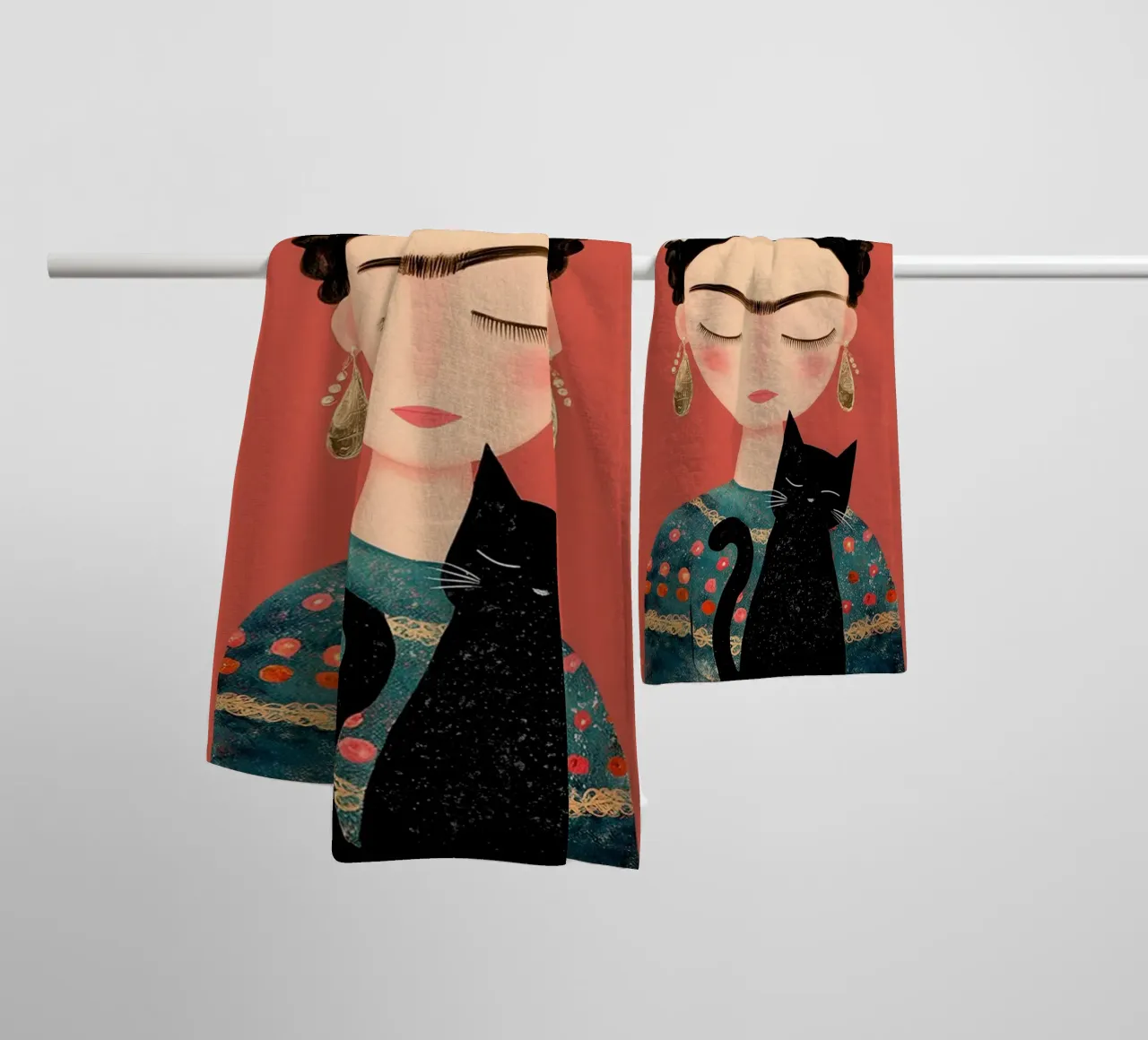 Little Frida with cat towel by Carinaprint