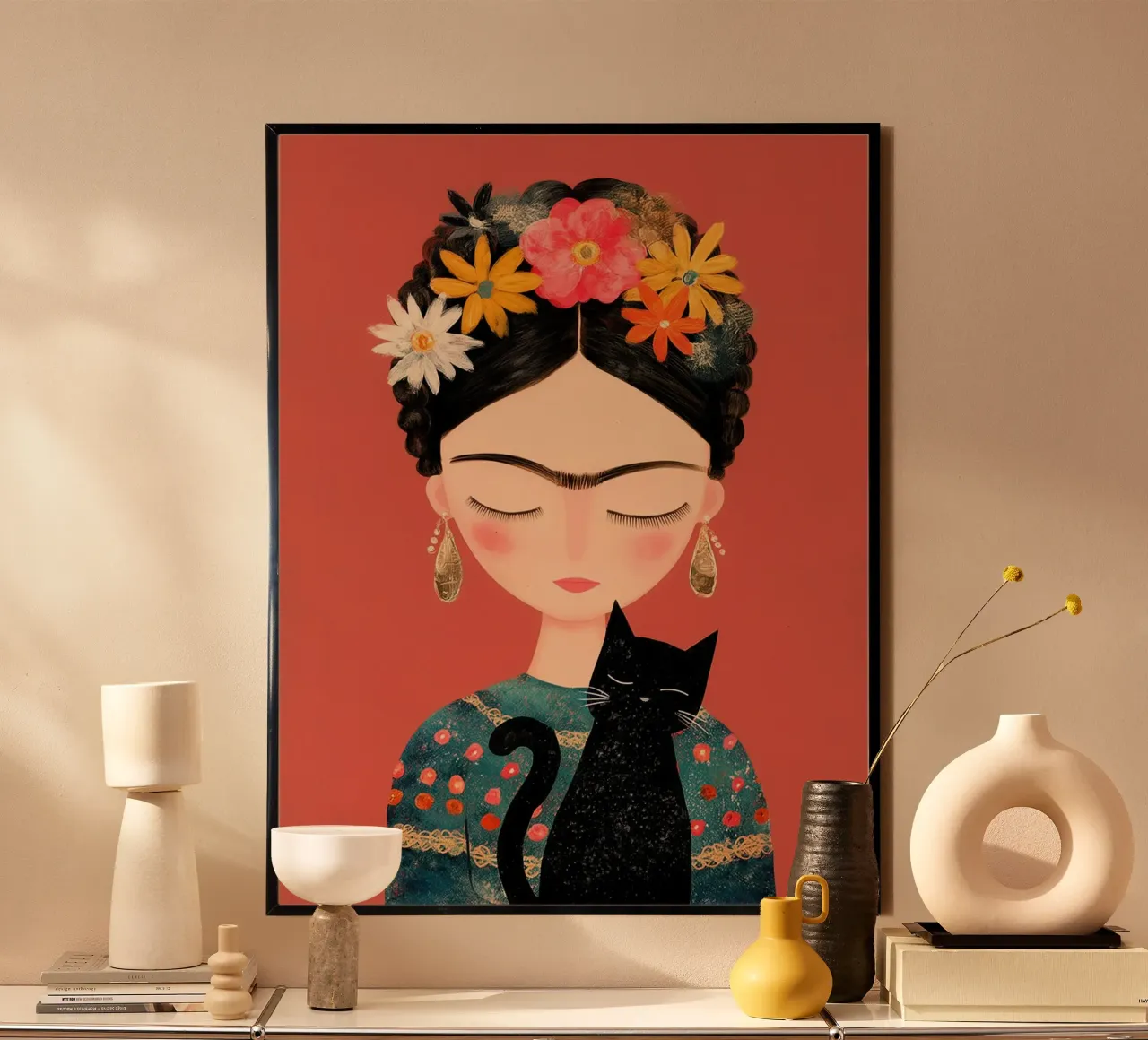 La piccola Frida con il gatto poster con telaio in alluminio da Carinaprint