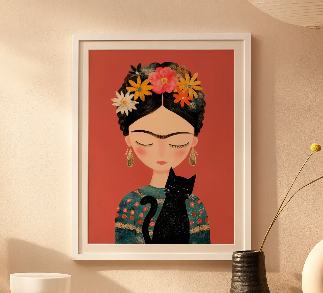 La piccola Frida con il gatto poster con telaio in alluminio da Carinaprint