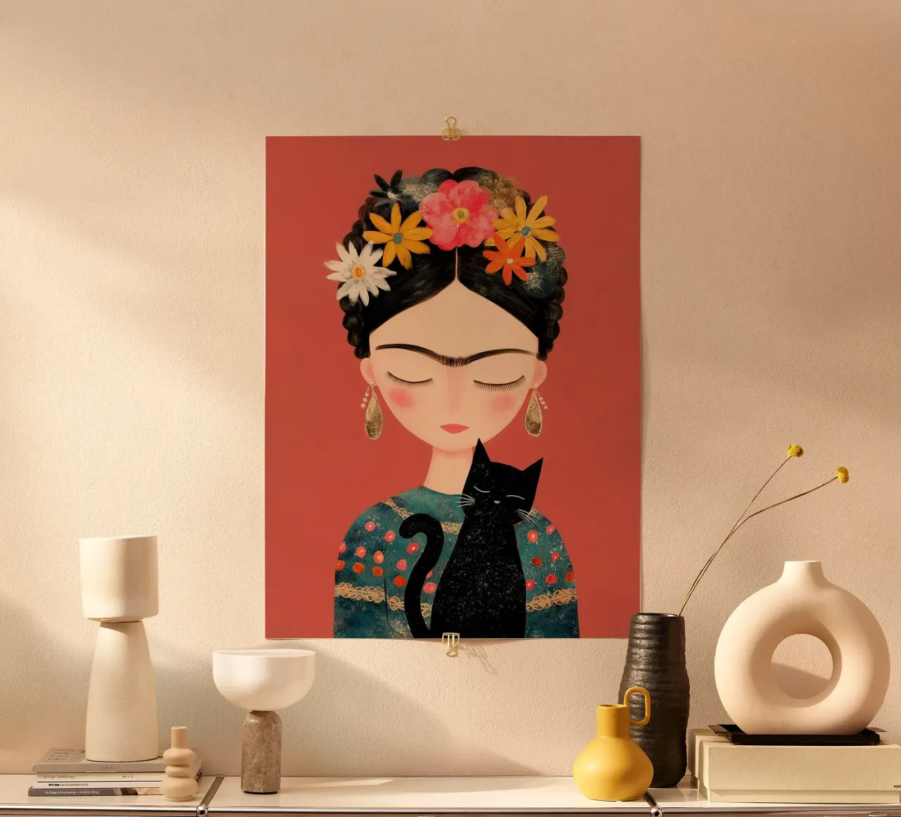La piccola Frida con il gatto poster con telaio in alluminio da Carinaprint