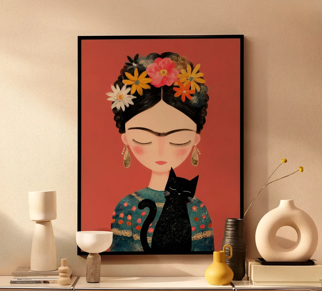 La piccola Frida con il gatto poster con telaio in alluminio da Carinaprint