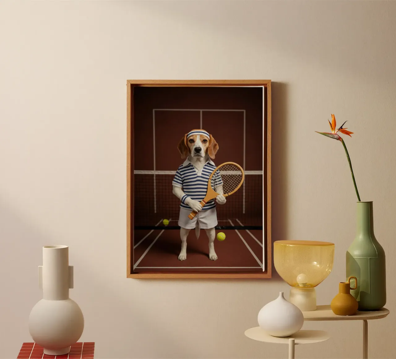 Tennis Beagle canvas met Baklijst van Pawtrait Studio