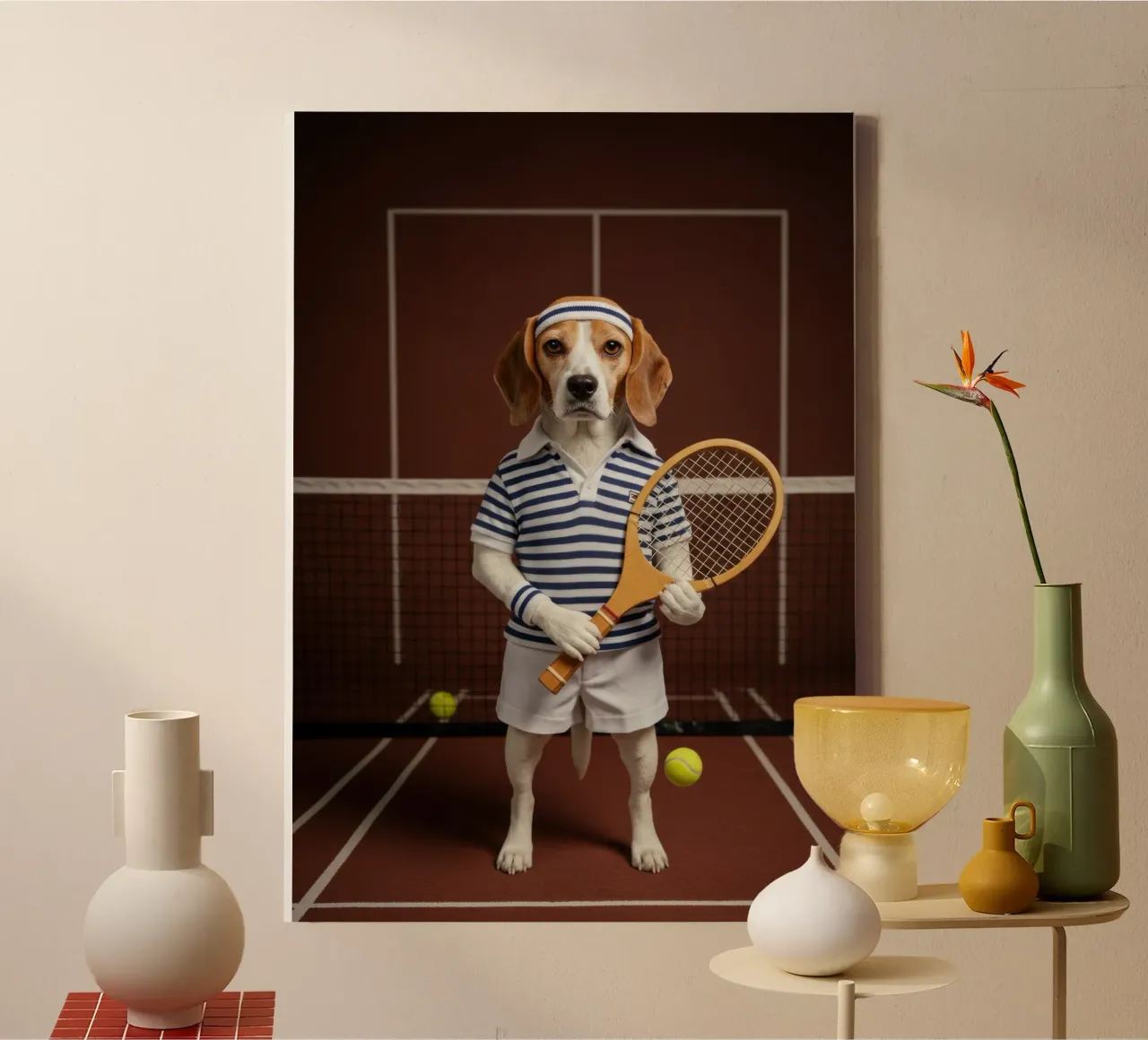 Tennis Beagle canvas met Baklijst van Pawtrait Studio