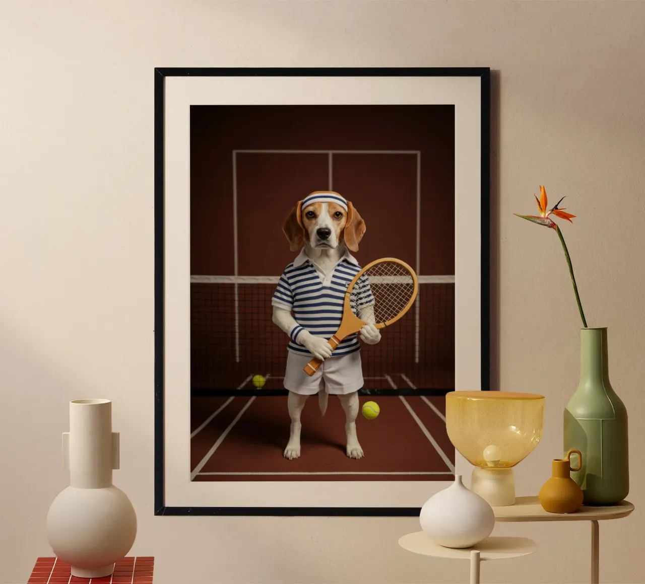 Tennis Beagle Poster mit Holzrahmen von Pawtrait Studio