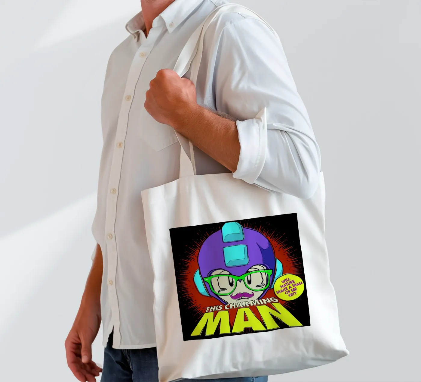 This Charming Mega-Man tote bag by Butcher Billy