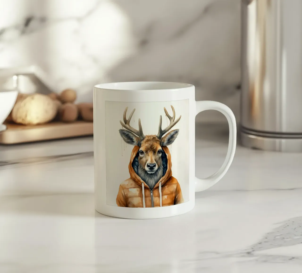 Cartone animato acquerello Alce con felpa con cappuccio tazza in ceramica da Animal Portraits