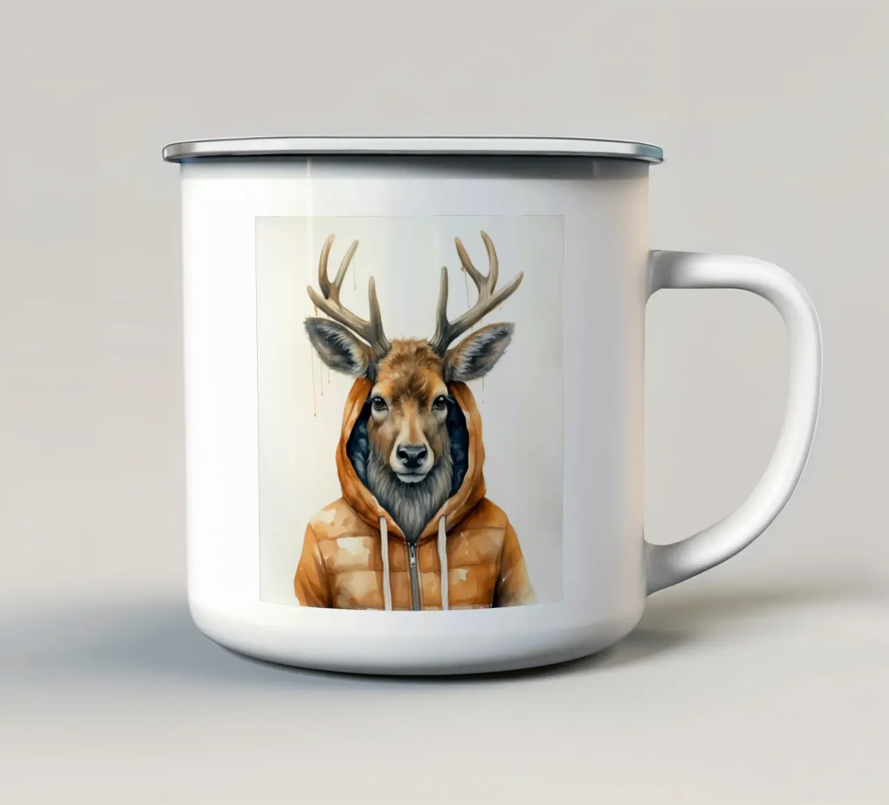 Cartone animato acquerello Alce con felpa con cappuccio tazza in smalto da Animal Portraits
