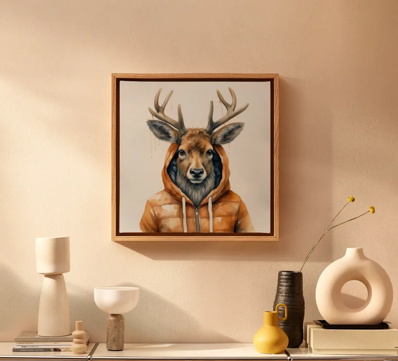 Cartone animato acquerello Alce con felpa con cappuccio tela con Cornice a cassetta da Animal Portraits
