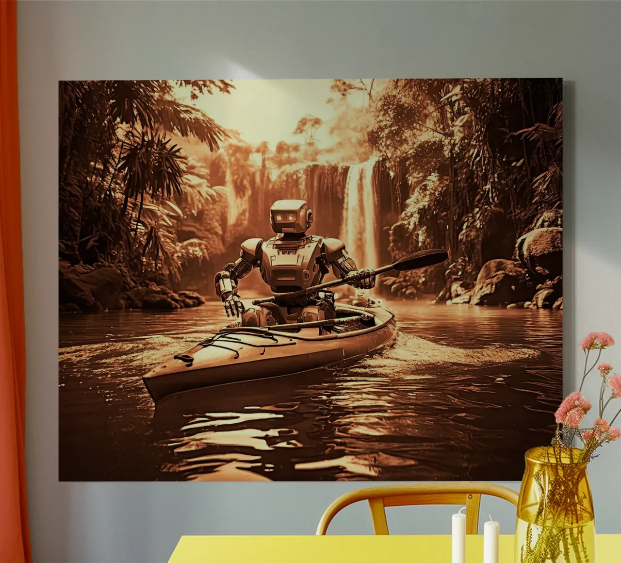 ROBOT EN CANOE. Cuivre. Leinwand von Thierry vobmann photography
