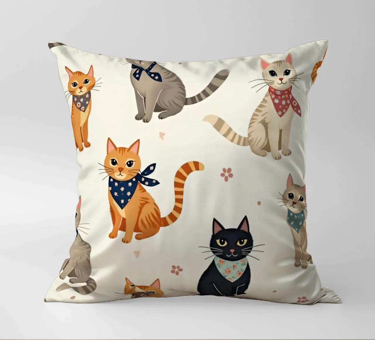 Gatti colorati con motivi giocosi adornano un tessuto stravagante cuscino da DesignDoodle
