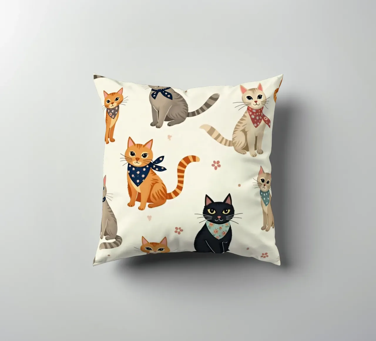 Gatti colorati con motivi giocosi adornano un tessuto stravagante cuscino da DesignDoodle