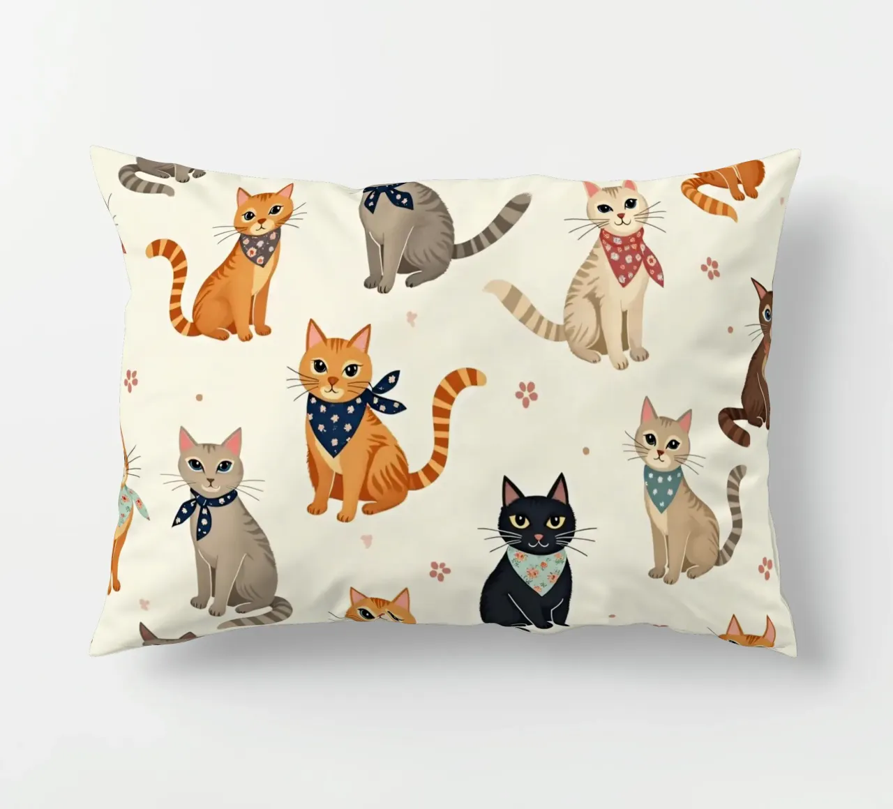 Gatti colorati con motivi giocosi adornano un tessuto stravagante cuscino da DesignDoodle