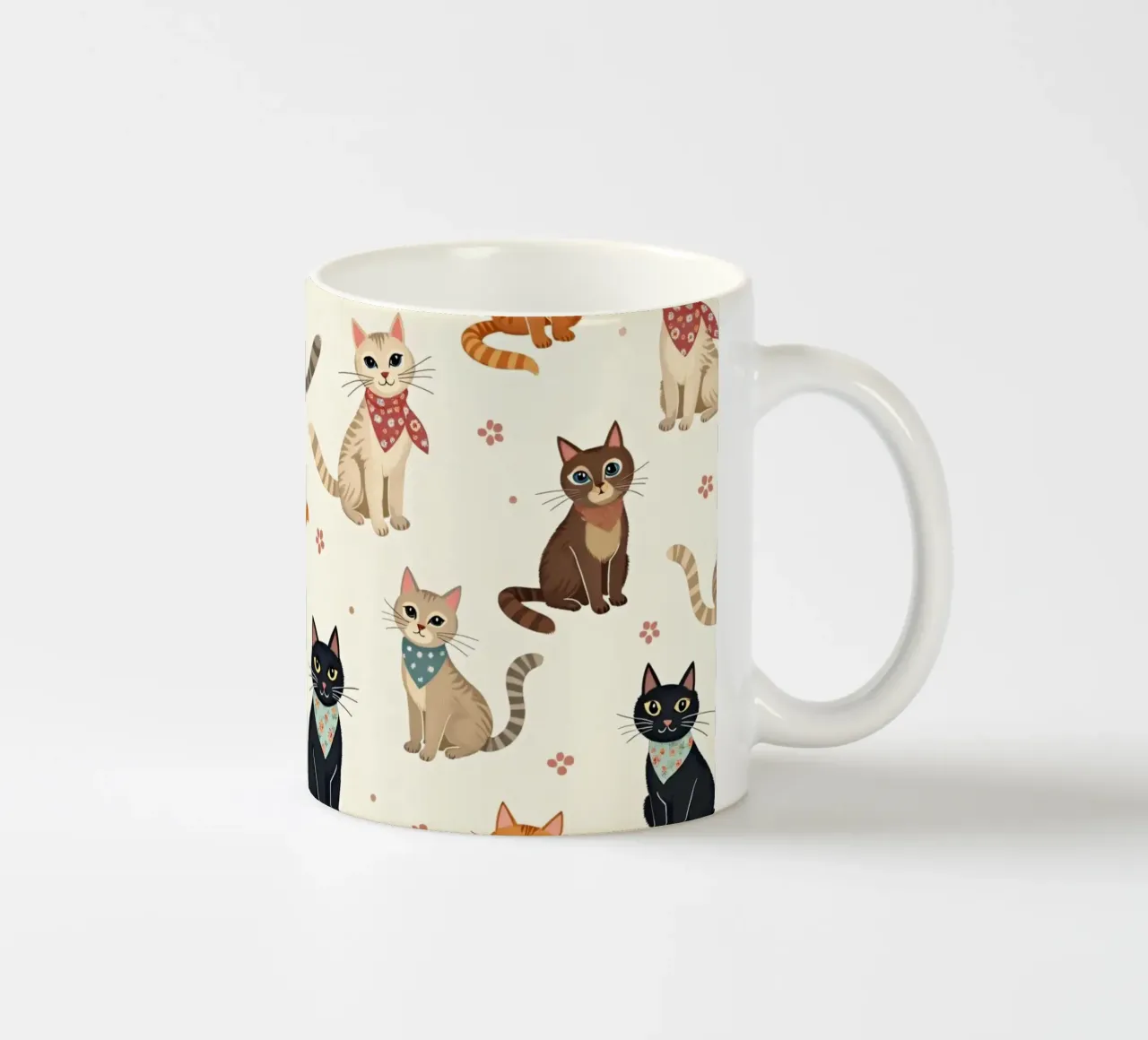 Colorful cats in playful patterns adorn a whimsical fabric ceramic mug by DesignDoodle