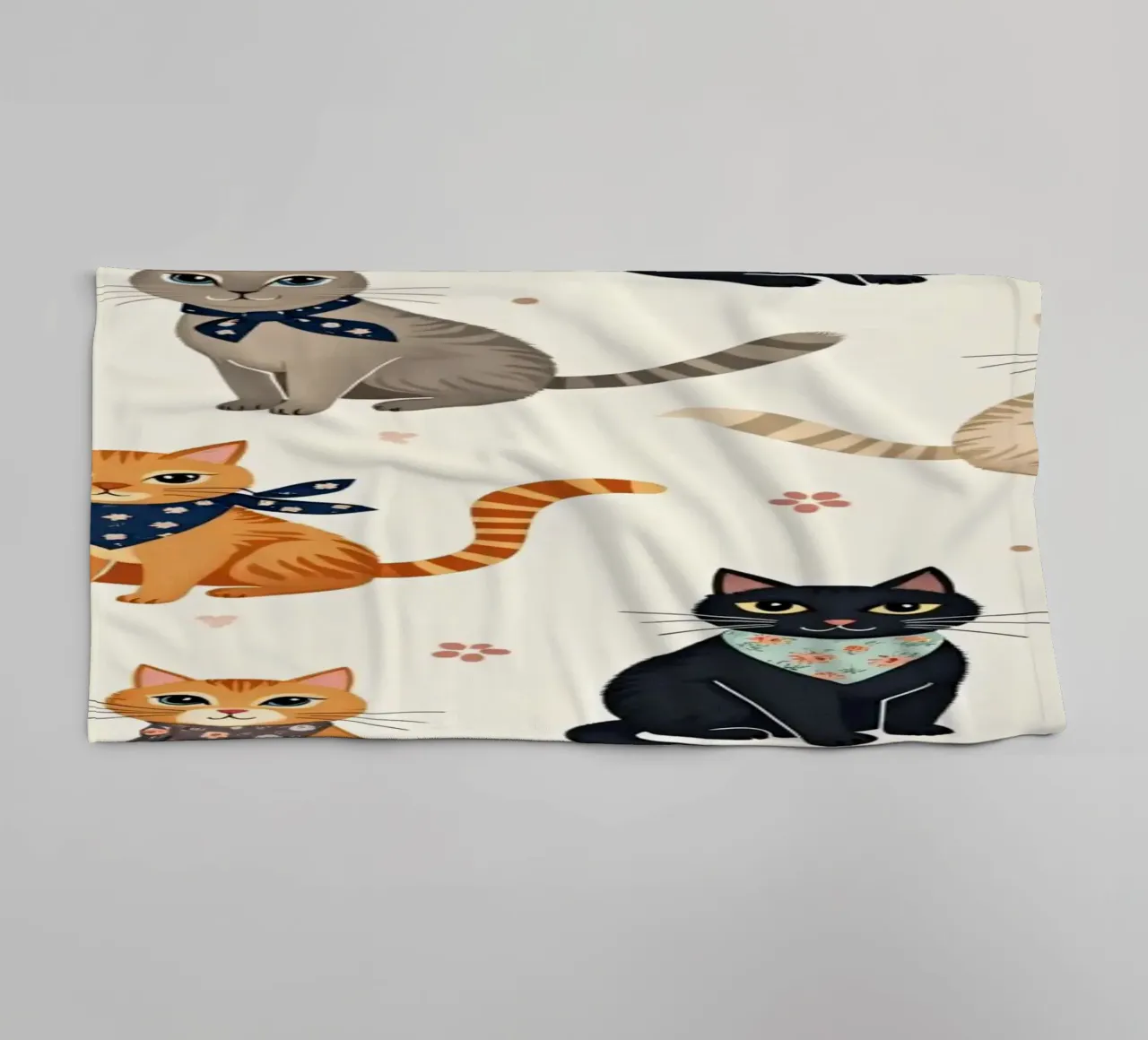 Colorful cats in playful patterns adorn a whimsical fabric towel by DesignDoodle