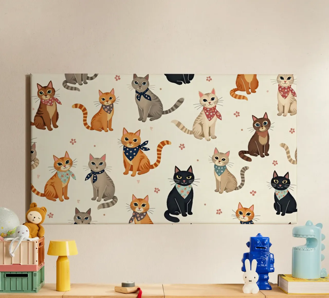 Colorful cats in playful patterns adorn a whimsical fabric canvas by DesignDoodle
