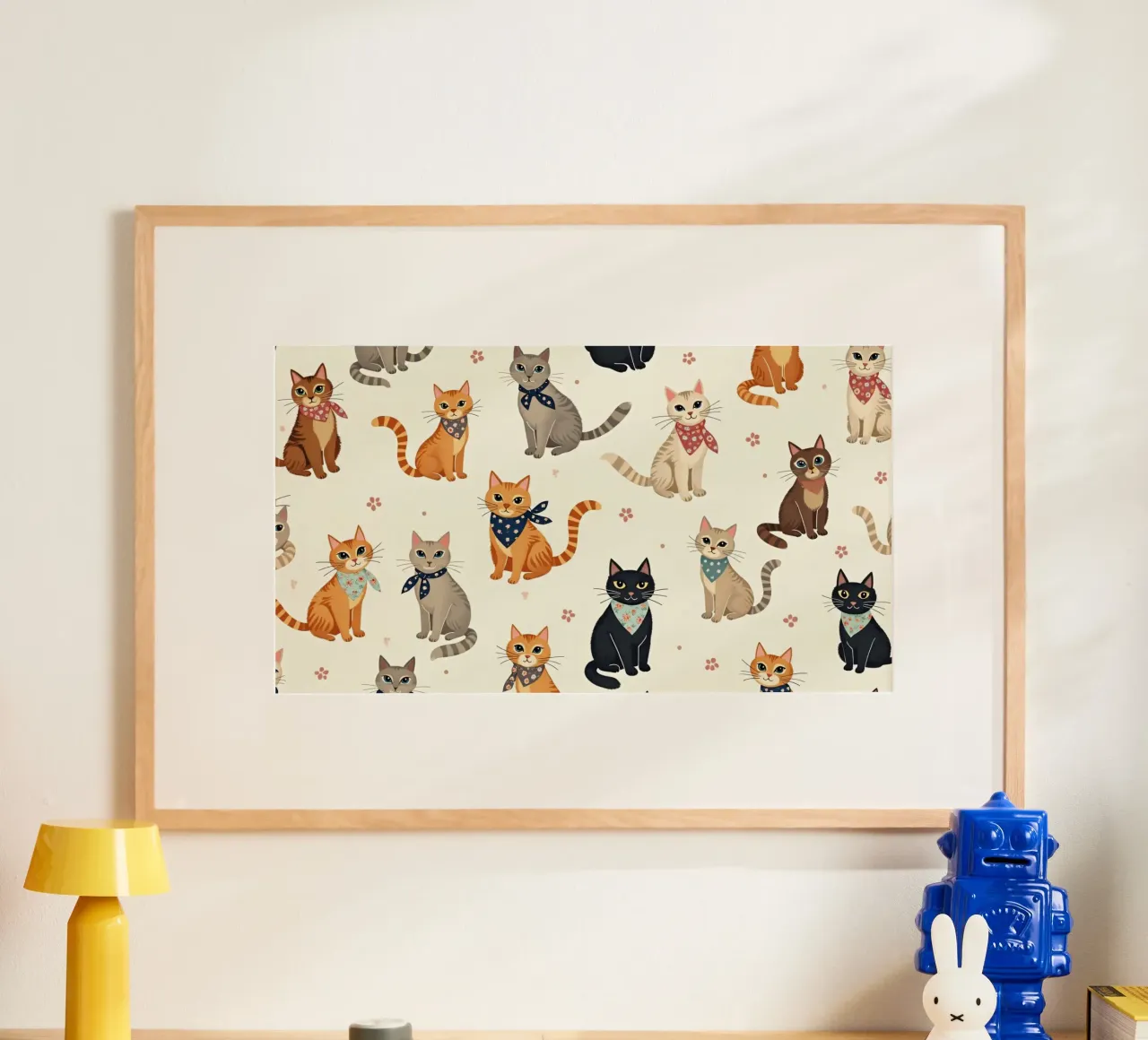 Colorful cats in playful patterns adorn a whimsical fabric hahnemühle by DesignDoodle