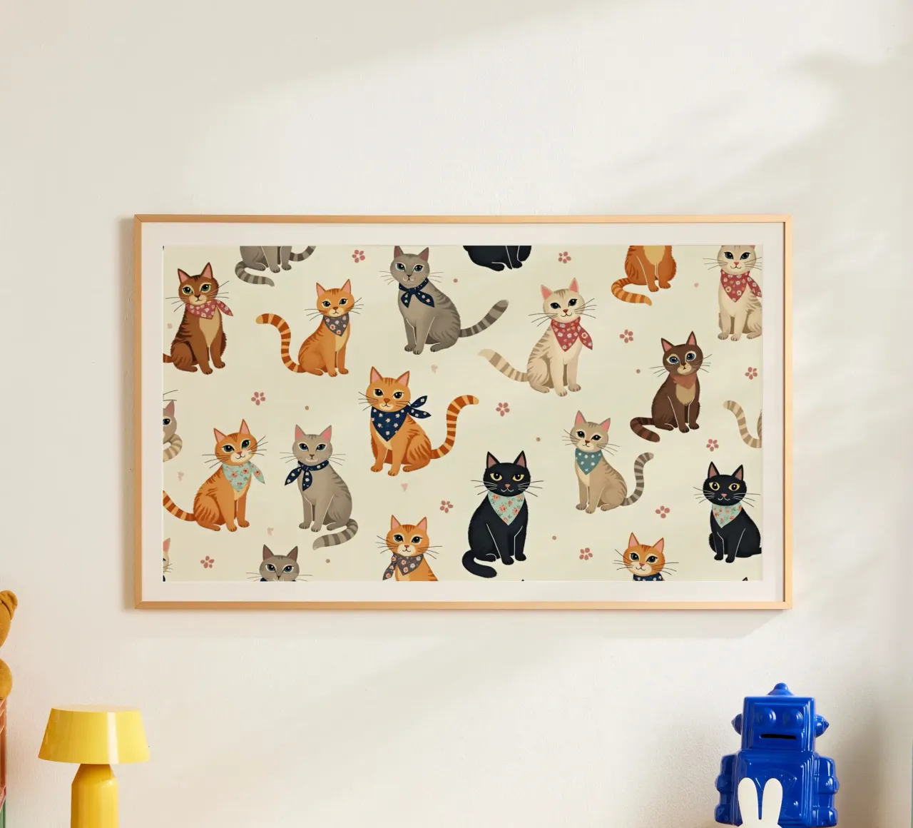 Colorful cats in playful patterns adorn a whimsical fabric hahnemühle by DesignDoodle