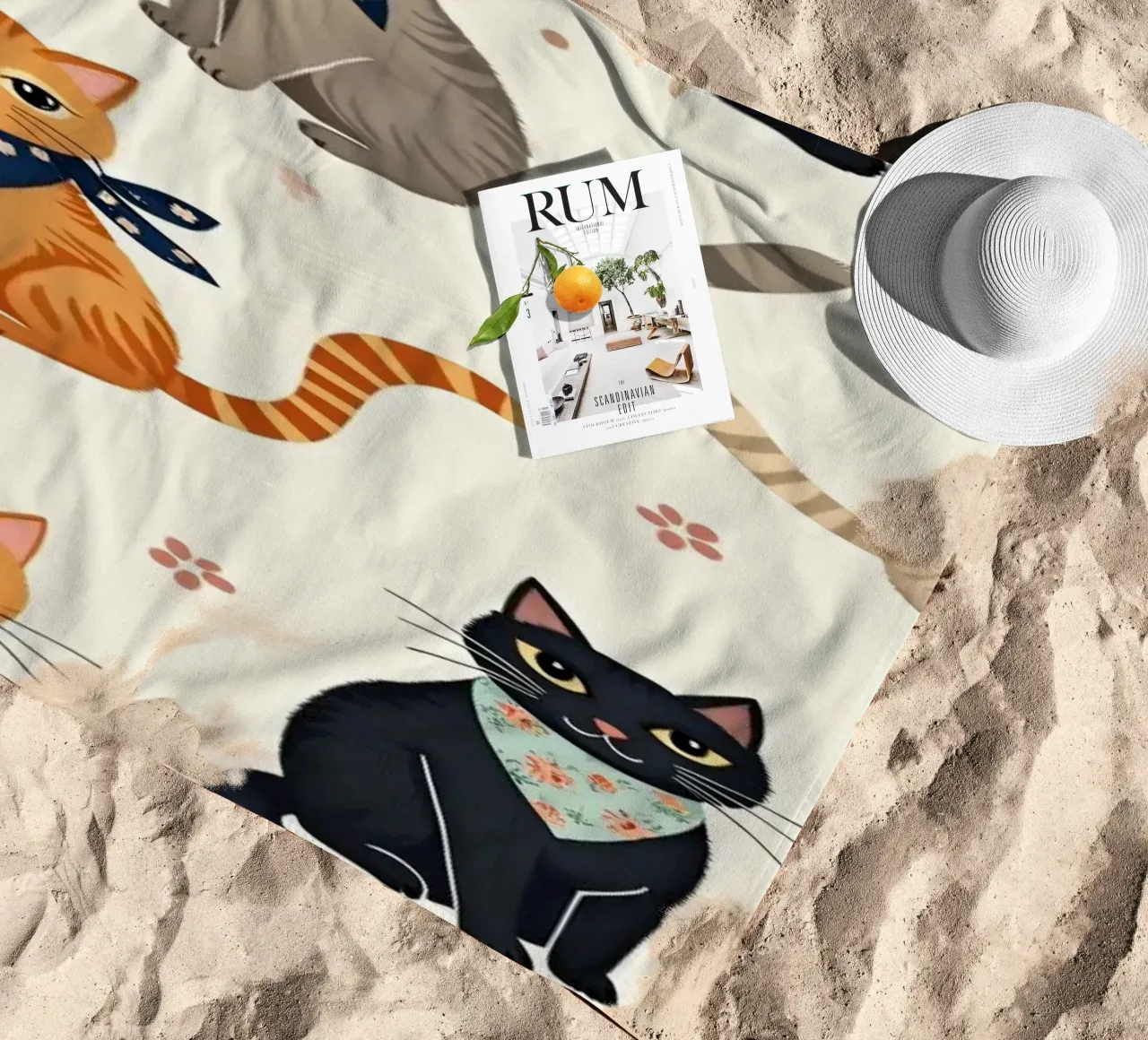 Colorful cats in playful patterns adorn a whimsical fabric beach towel by DesignDoodle
