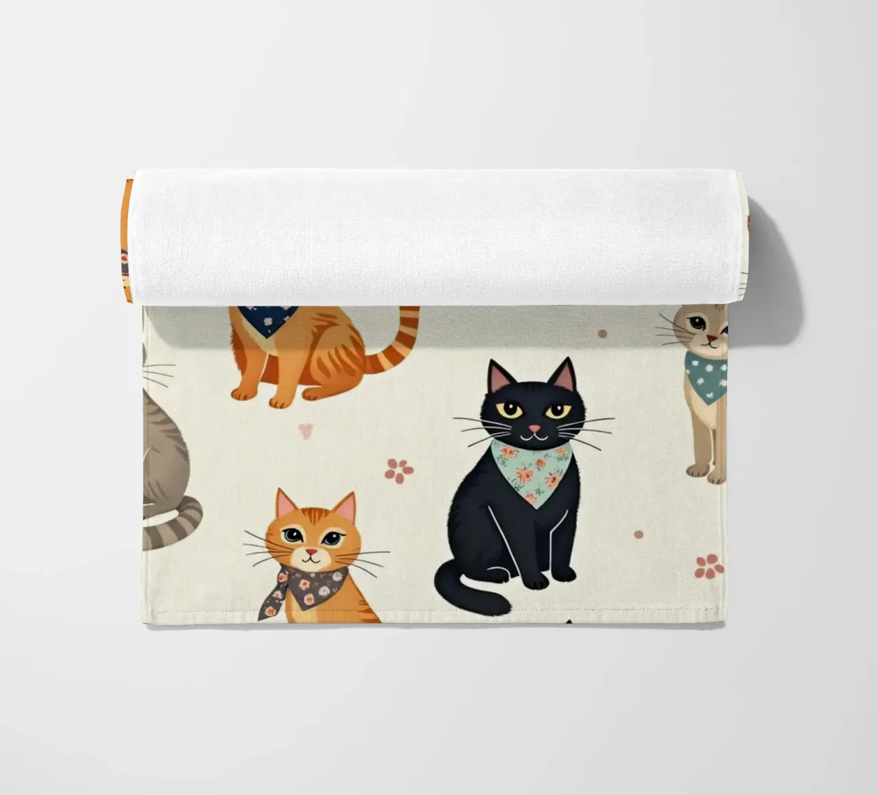 Colorful cats in playful patterns adorn a whimsical fabric beach towel by DesignDoodle