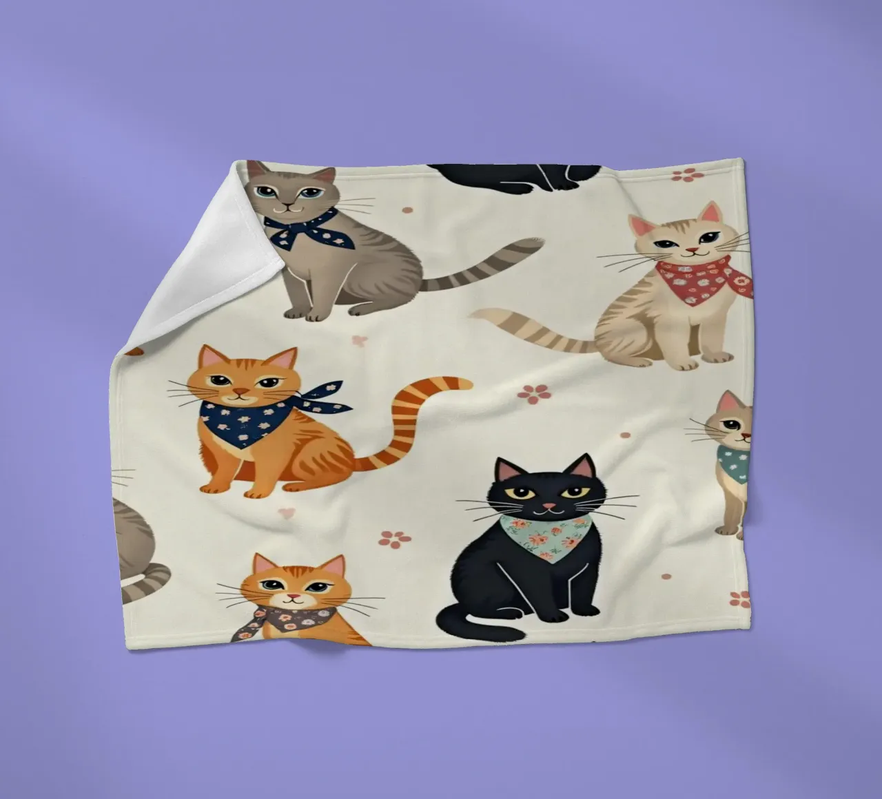 Colorful cats in playful patterns adorn a whimsical fabric fleece blanket by DesignDoodle