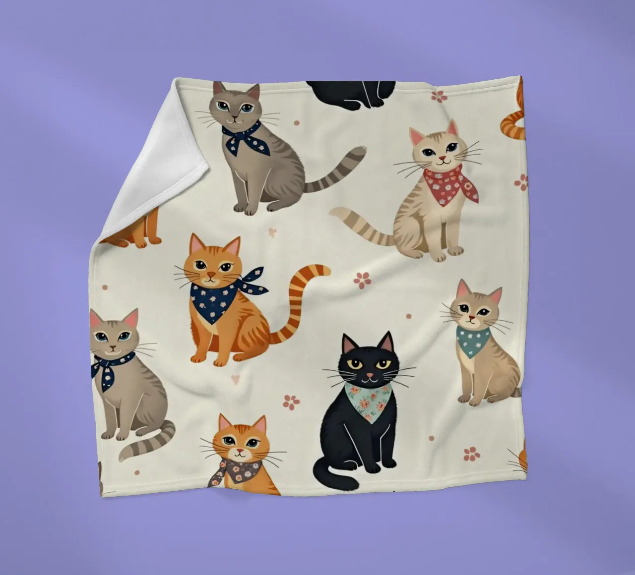 Colorful cats in playful patterns adorn a whimsical fabric fleece blanket by DesignDoodle