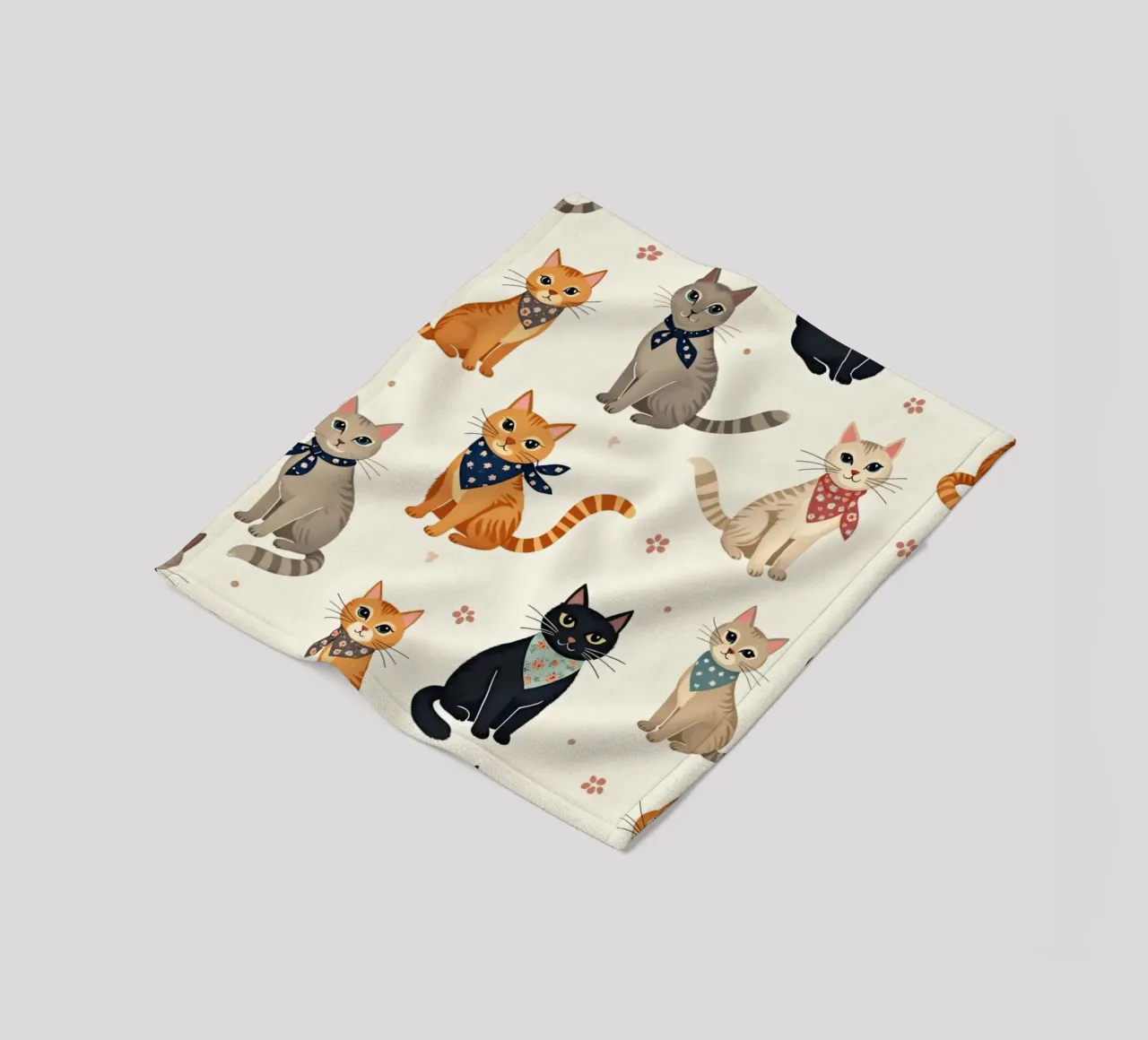 Colorful cats in playful patterns adorn a whimsical fabric fleece blanket by DesignDoodle
