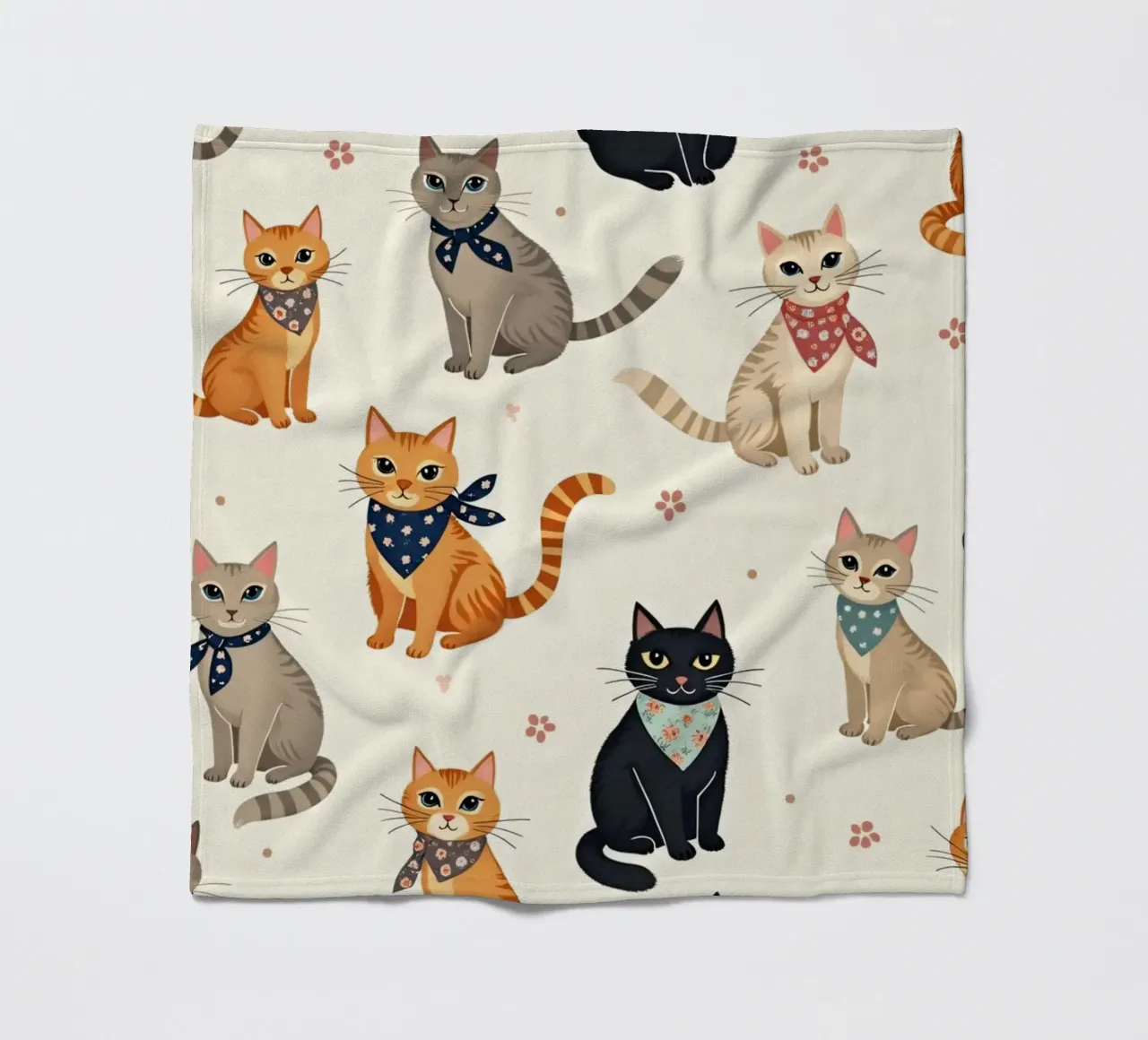 Colorful cats in playful patterns adorn a whimsical fabric fleece blanket by DesignDoodle