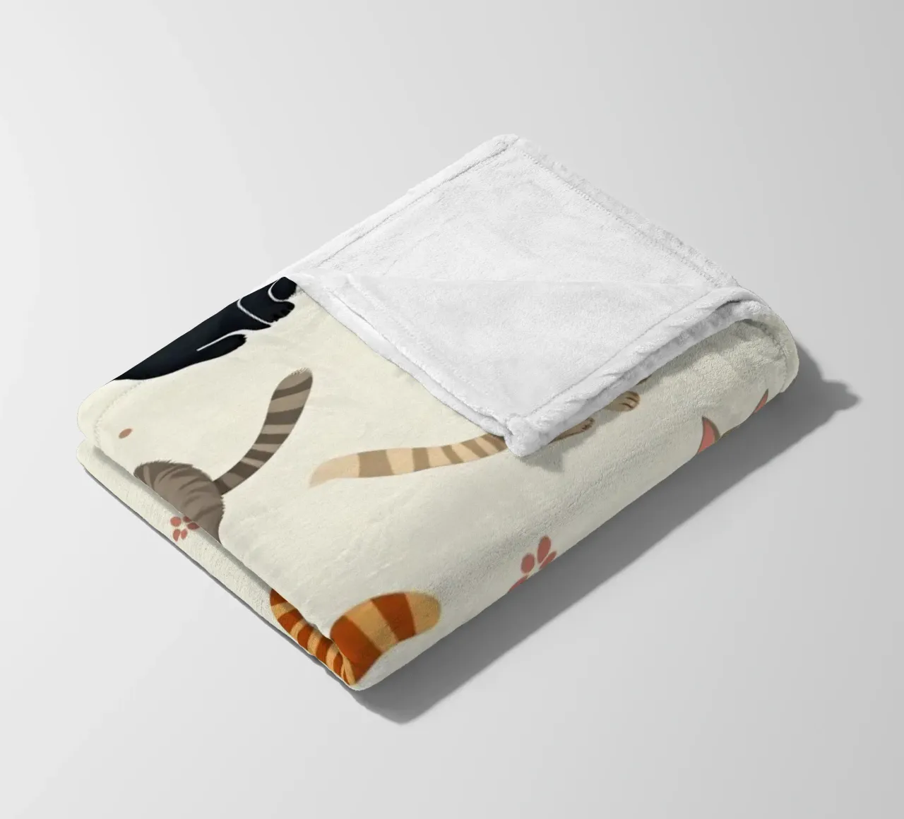 Colorful cats in playful patterns adorn a whimsical fabric fleece blanket by DesignDoodle