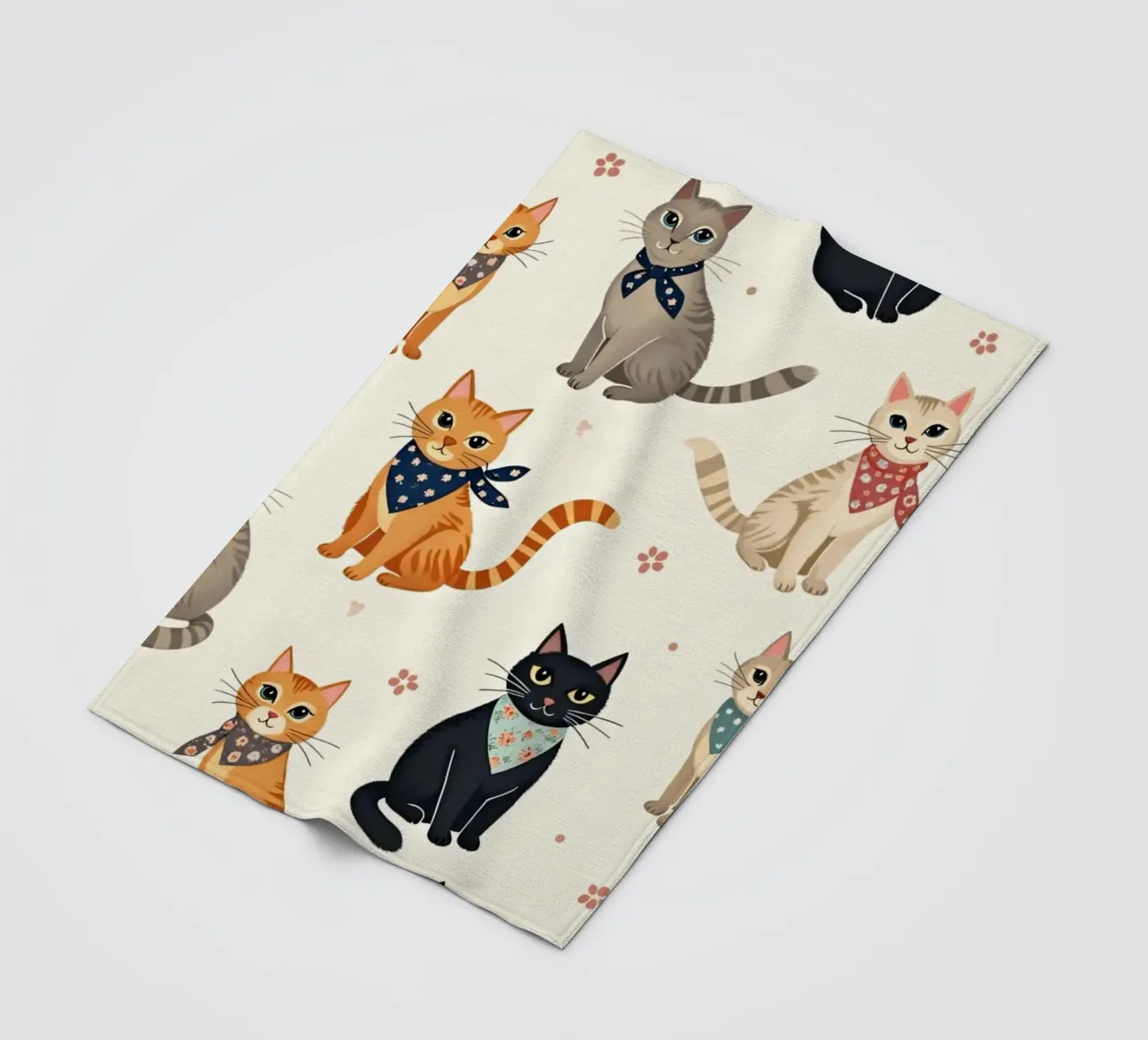 Colorful cats in playful patterns adorn a whimsical fabric fleece blanket by DesignDoodle