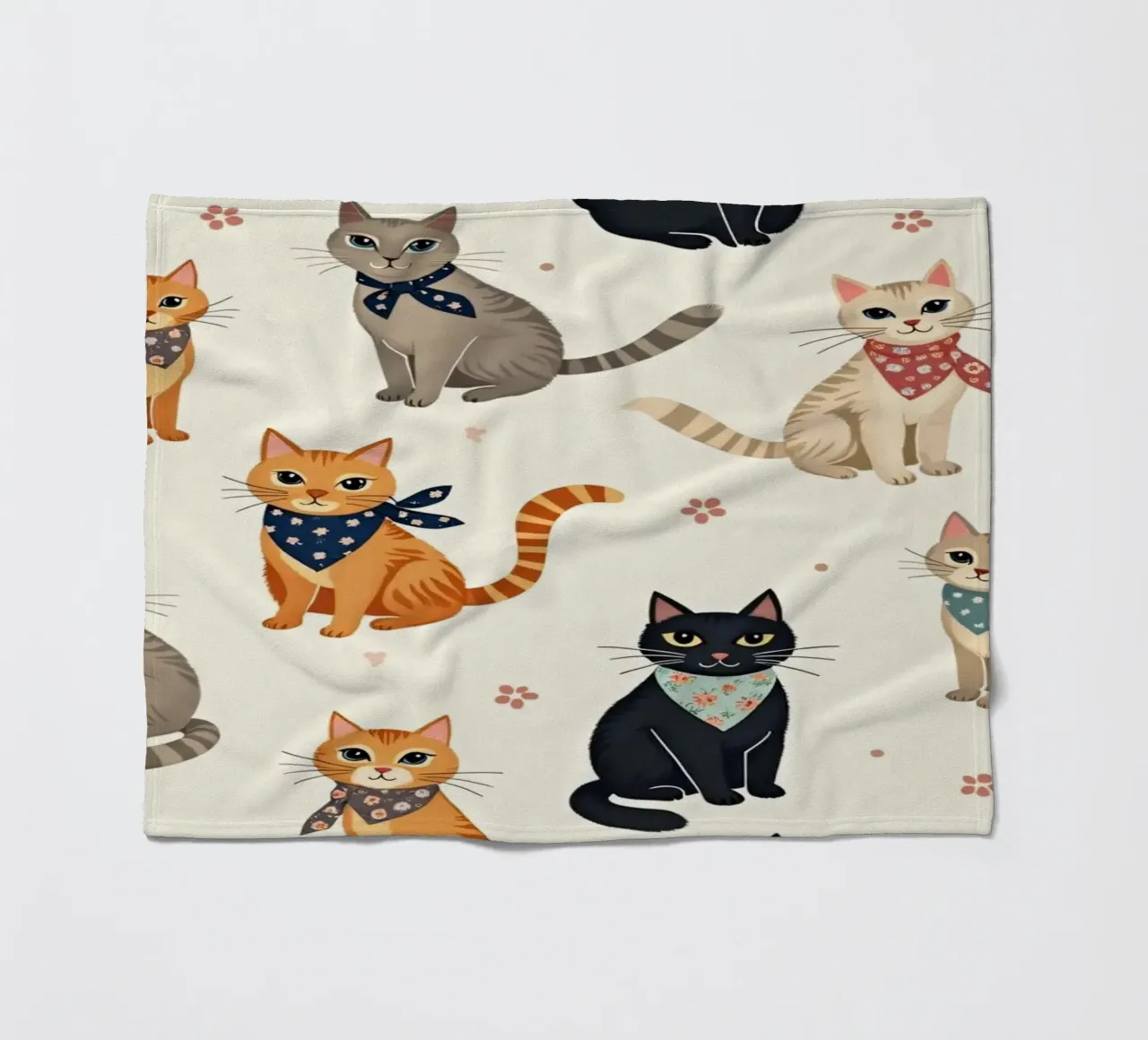 Colorful cats in playful patterns adorn a whimsical fabric fleece blanket by DesignDoodle