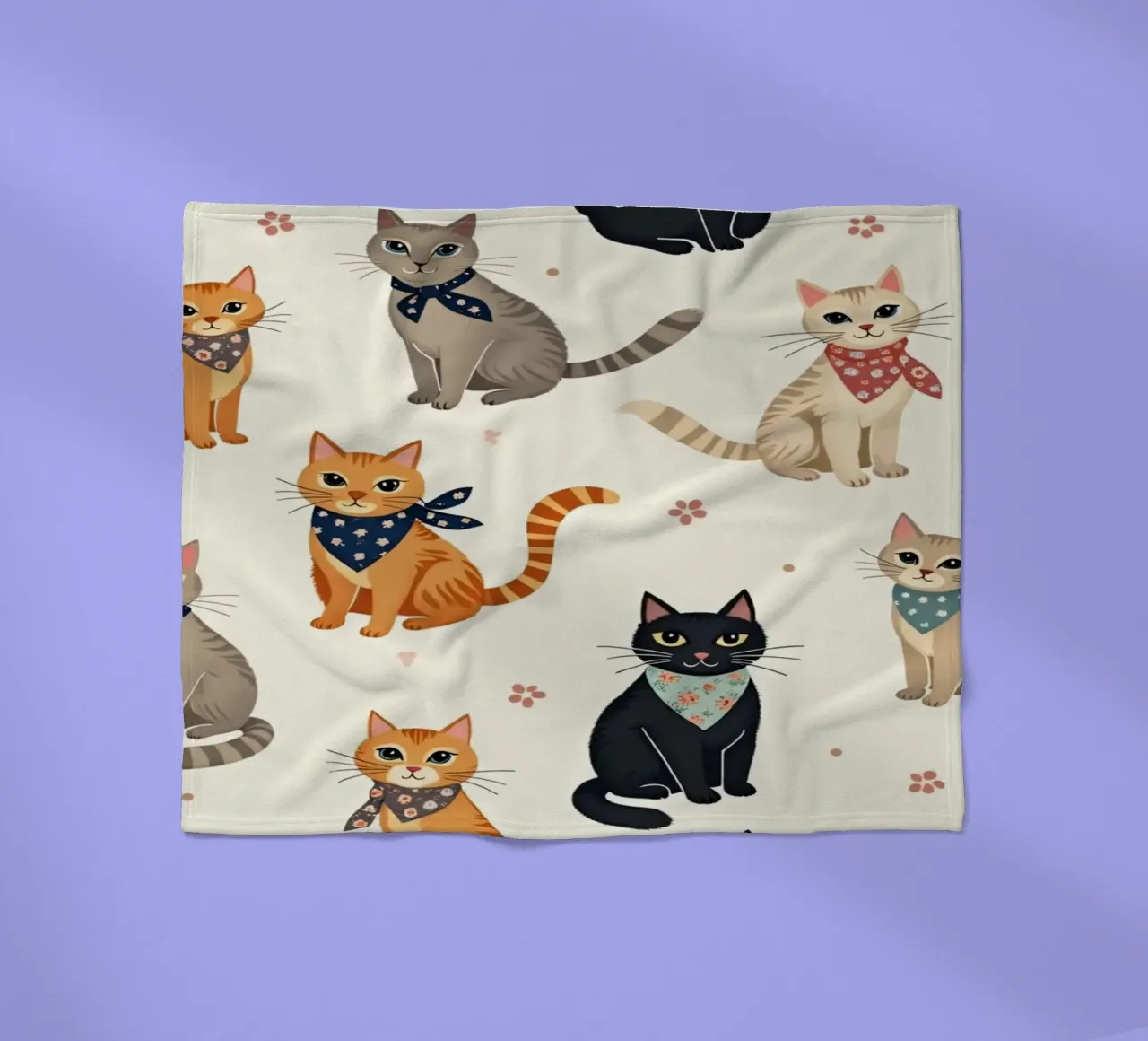 Colorful cats in playful patterns adorn a whimsical fabric fleece blanket by DesignDoodle
