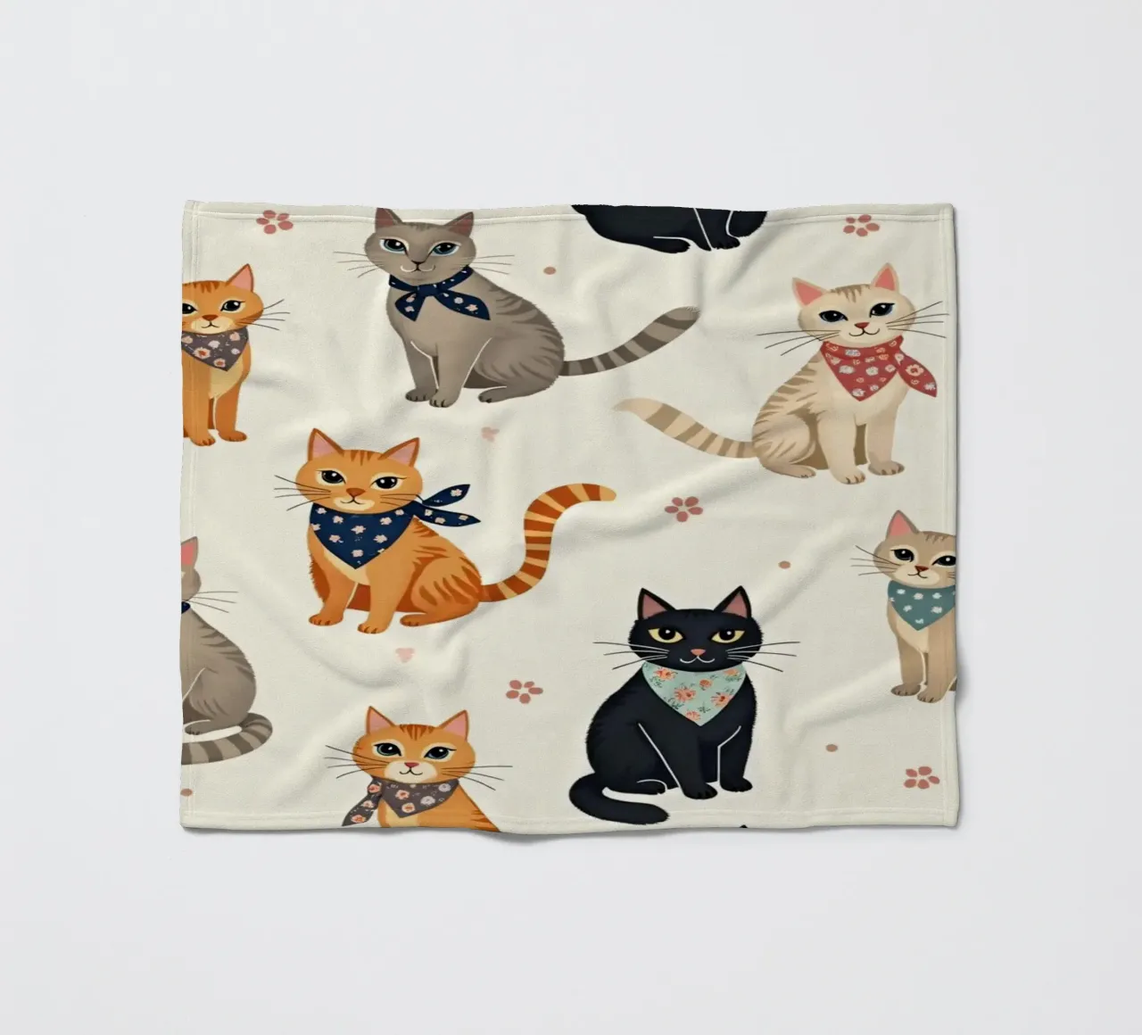 Colorful cats in playful patterns adorn a whimsical fabric fleece blanket by DesignDoodle