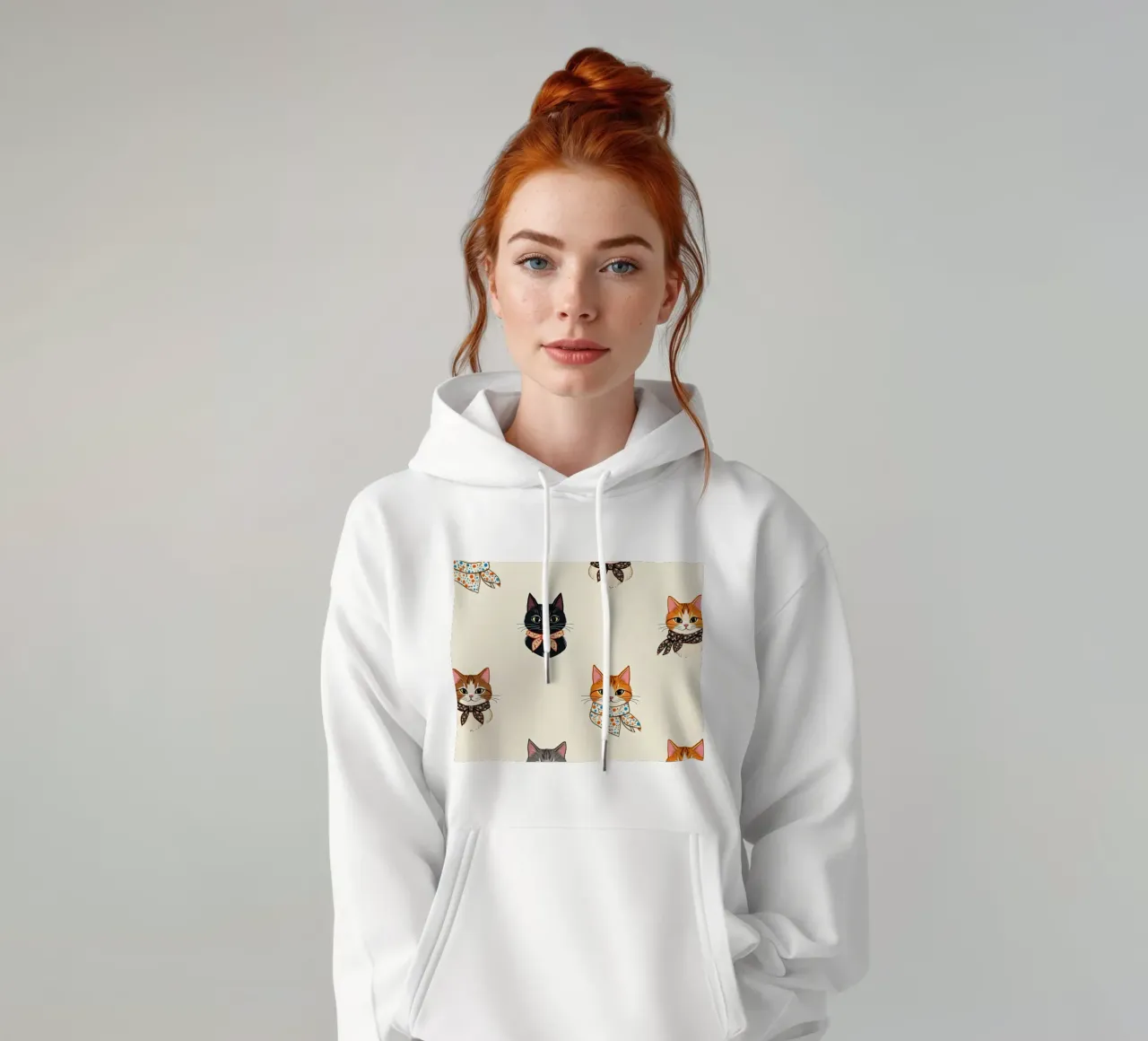 Colorful patterned cats wearing scarves in whimsical design hoodie by DesignDoodle