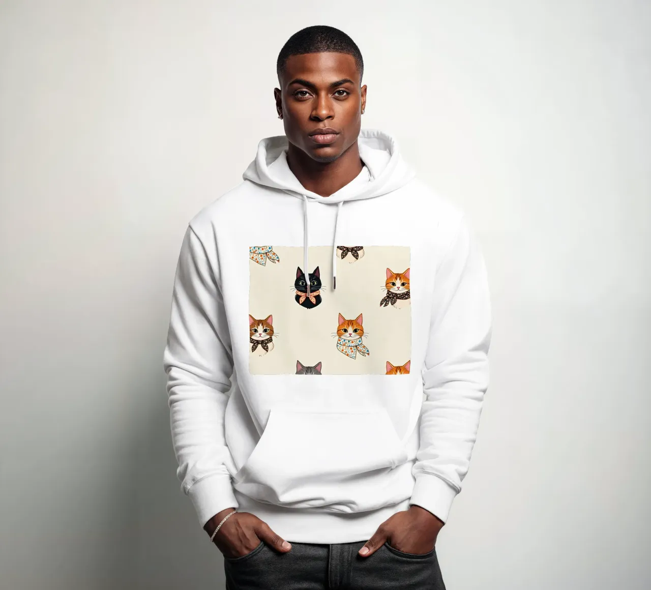 Colorful patterned cats wearing scarves in whimsical design hoodie by DesignDoodle