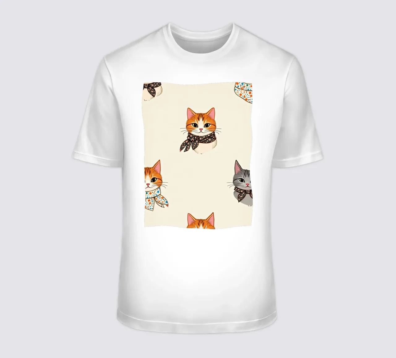 Colorful patterned cats wearing scarves in whimsical design t-shirt by DesignDoodle