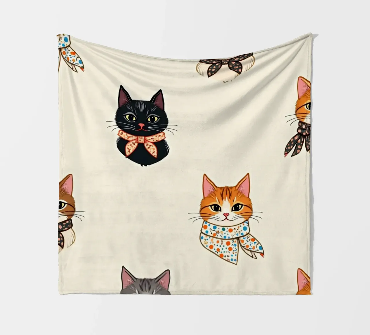 Colorful patterned cats wearing scarves in whimsical design fleece blanket by DesignDoodle